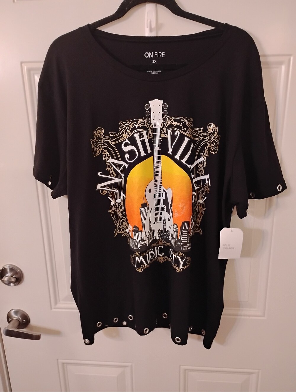On Fire Black Nashville Sunset Guitar Graphic Tee